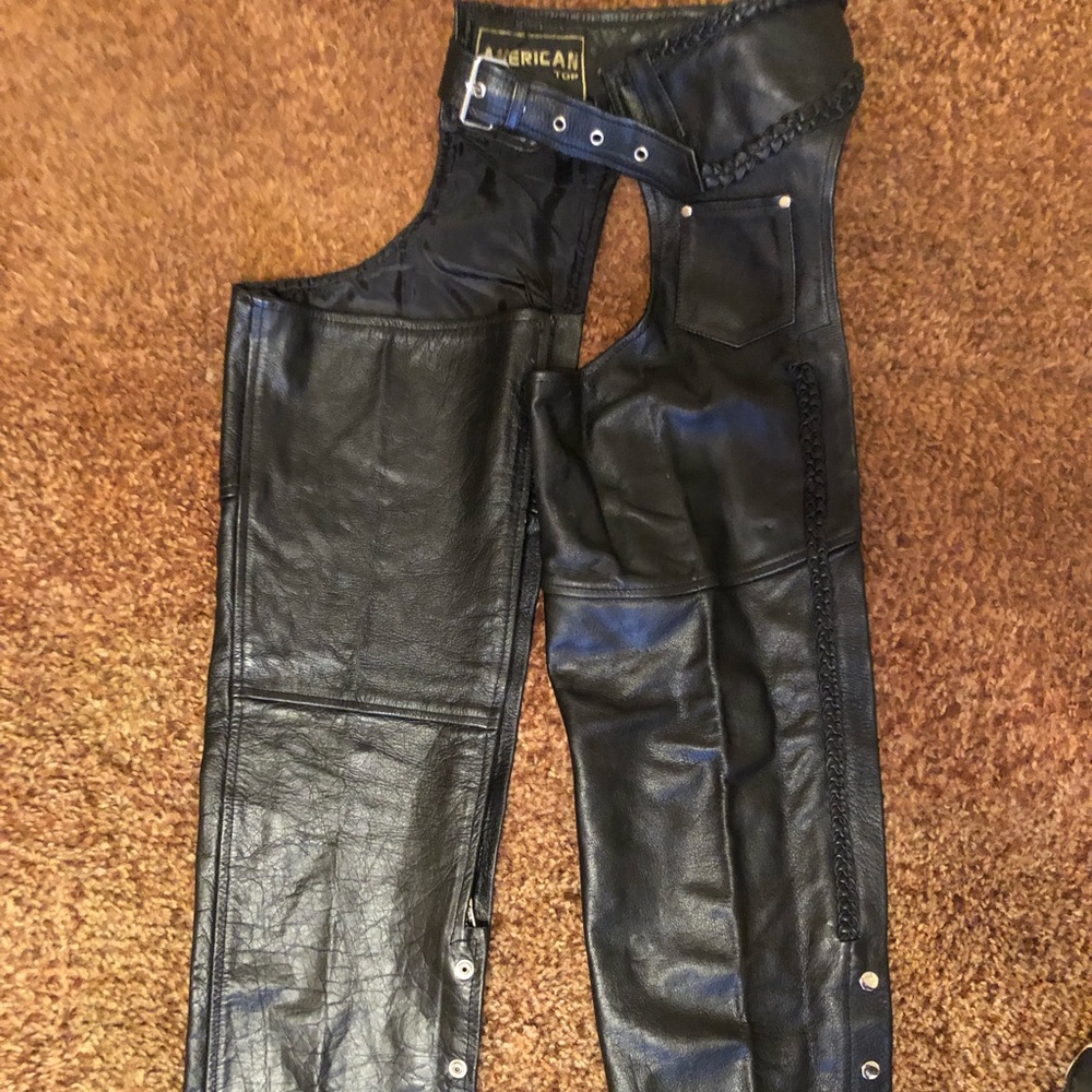 EUC Ladies motorcycle chaps; braid trim, zippers, buckle waist
